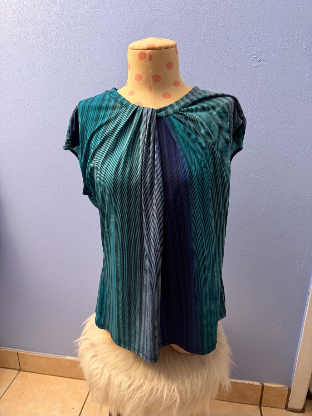 Worthington Teal & Navy Pleated Cap-Sleeve Blouse